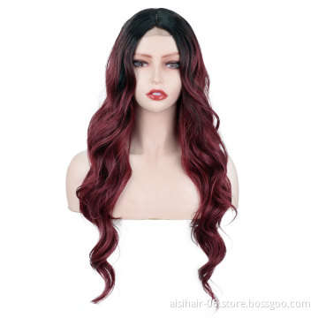 Aisi Beauty Fiber Ombre Colorful Women Hair Wig Red Long Wig 26Inch Body Wave Synthetic Lace Frontals Heat Resistan